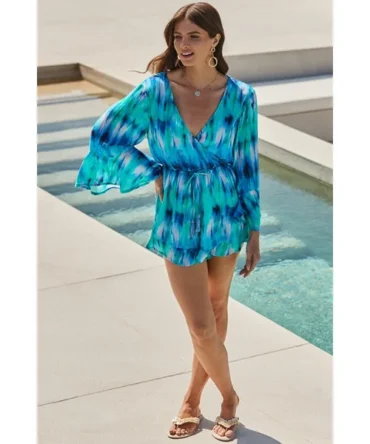 Blue Watercolour Print Fluted Sleeve Ruffle Hem Playsuit