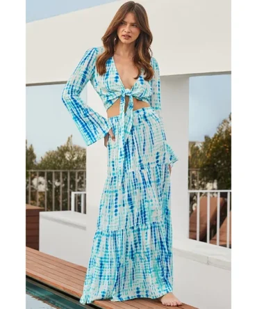 Blue & White Tie Dye Print Maxi Ruffle Hem Skirt