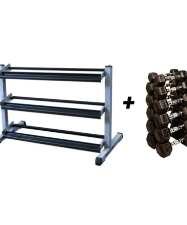 BODY SOLID RUBBER HEX DUMBBELLS 10-35 LBS WITH 3-TIER RACK | GDR363B-SDR270