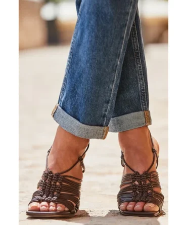 Brown Gladiator Square Toe Block Heel Sandals