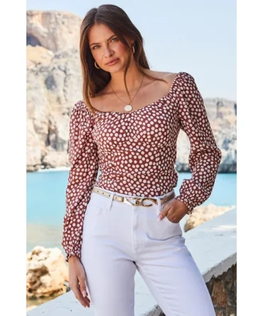 Brown & White Spot Print Sweetheart Neckline Ruched Top