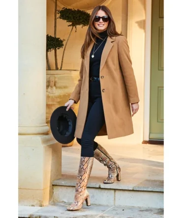 Camel Wool Mix Coat With Button Detail