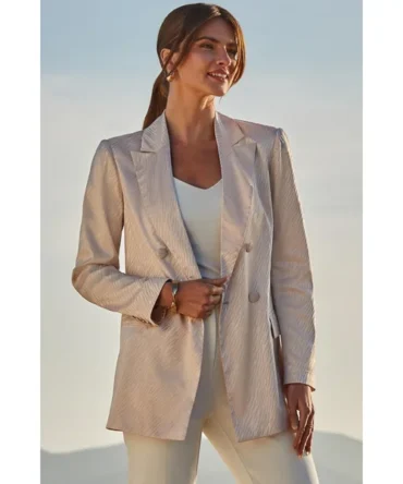 Champagne Gold Animal Jacquard Satin Double Breasted Blazer