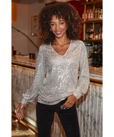 Champagne Gold Sequin V Neck Blouson Sleeve Top