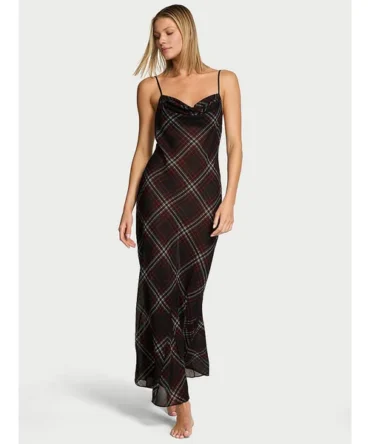 Chiffon Tartan Draped Maxi Slip Dress