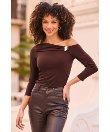 Chocolate Brown Gold Detail Off The Shoulder Top