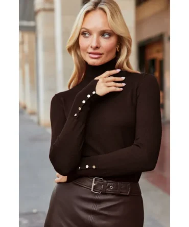 Chocolate Brown Roll Neck Button Cuff Jumper