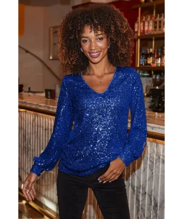 Cobalt Blue Sequin V Neck Blouson Sleeve Top