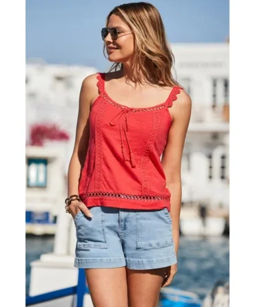 Coral Broderie Trim Tassel Detail Top