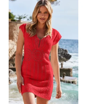 Coral Red Crochet Detail Cap Sleeve Dress