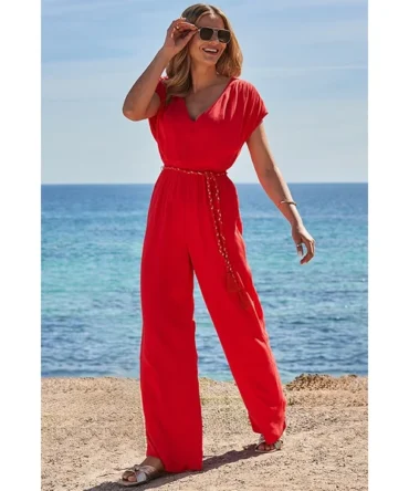 Coral Wide Leg Crinkle Jumpsuit With Tassel Belt