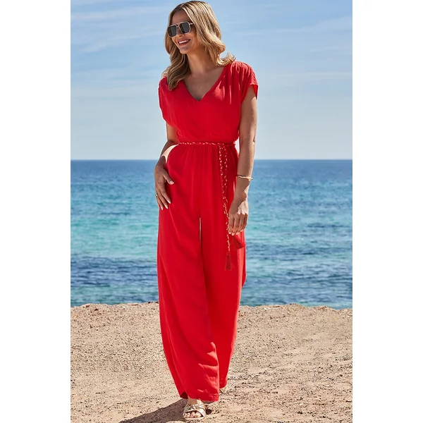 Coral Wide Leg Crinkle Jumpsuit With Tassel Belt