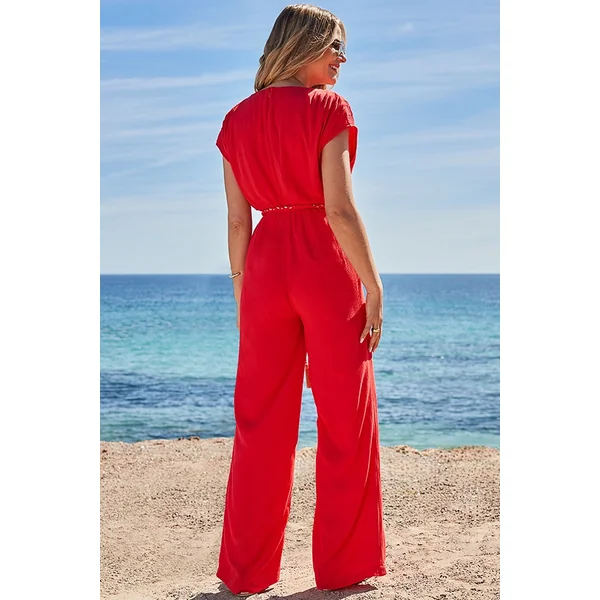 Coral Wide Leg Crinkle Jumpsuit With Tassel Belt