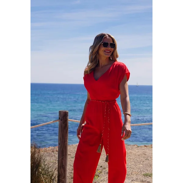 Coral Wide Leg Crinkle Jumpsuit With Tassel Belt