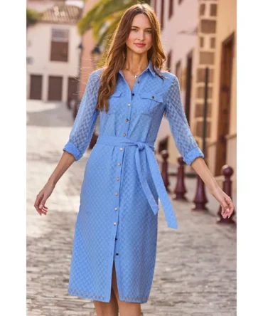 Cornflower Blue Textured Belted Shirt Dress