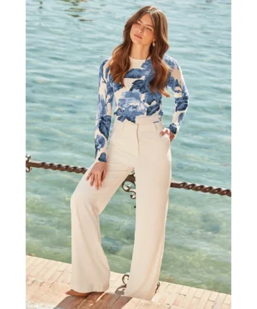 Cream & Blue Floral Print Jumper With Gold Buttons