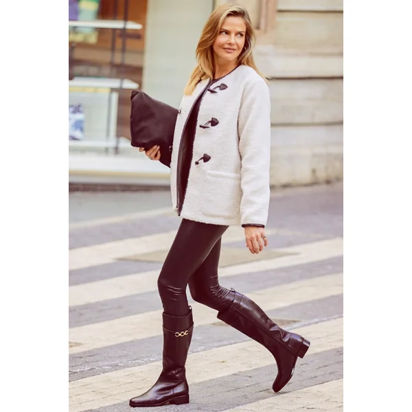 Cream Collarless Super Cosy Borg Coat With Faux Leather Toggle