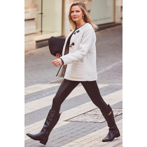 Cream Collarless Super Cosy Borg Coat With Faux Leather Toggle