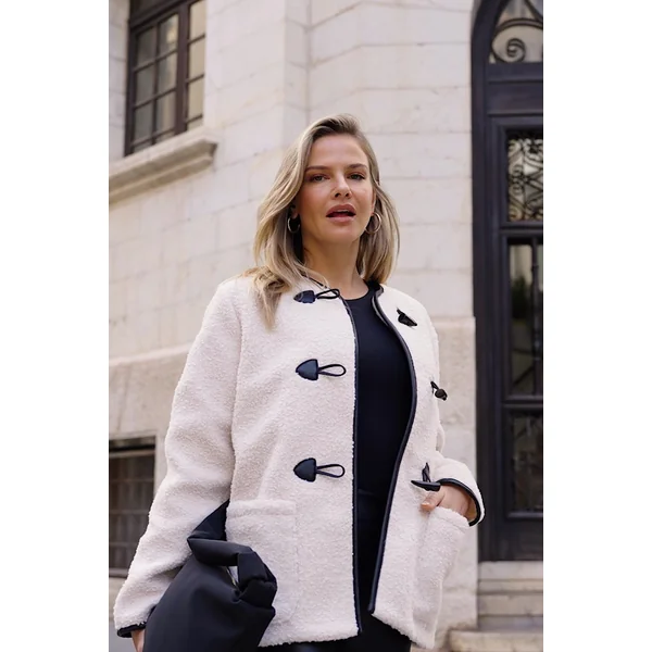 Cream Collarless Super Cosy Borg Coat With Faux Leather Toggle