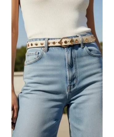Cream Leather Western Studded Waist Belt