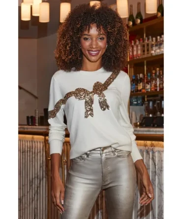 Cream Sequin Bow Knit Jumper