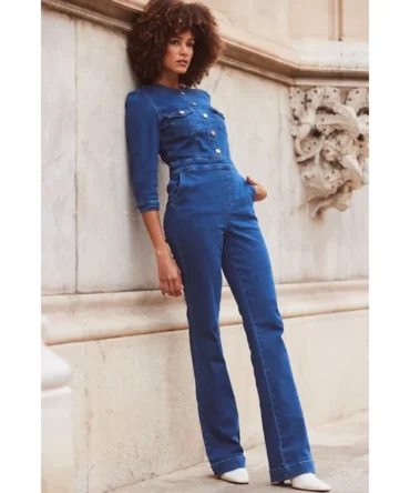 Dark Indigo Slim Leg Button Front Denim Jumpsuit