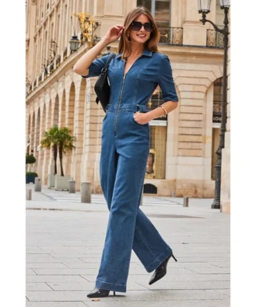 Dark Indigo Zip Front Wide Leg Denim Jumpsuit