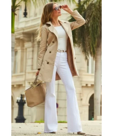 Ecru Double Breasted Trench Coat With Pockets