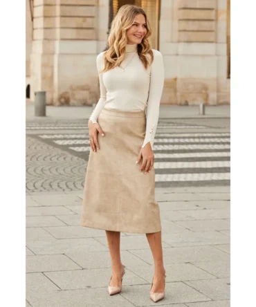 Ecru Faux Leather A-Line Skirt