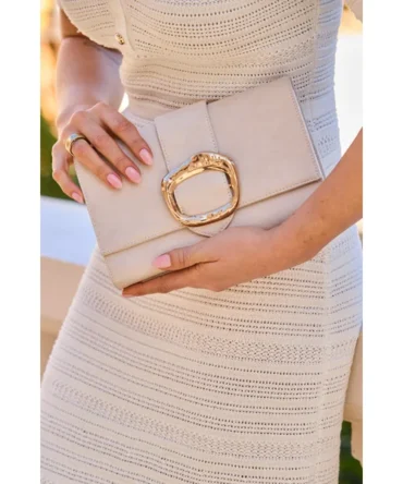 Ecru Gold Buckle Detail Shoulder Bag