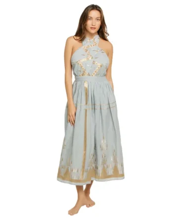Embroidered Metallic Halter Maxi Dress