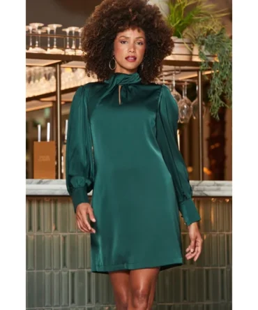 Emerald Green Satin Twist Neck Detail Shift Dress