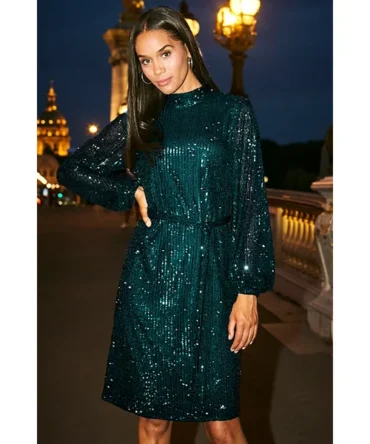 Emerald Green Sequin High Neck Belted Shift Dress