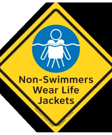 English-Spanish Wear Life Jacket Outdoor Pool Safety Diamond Sign – 15.5 in x 15.5 in