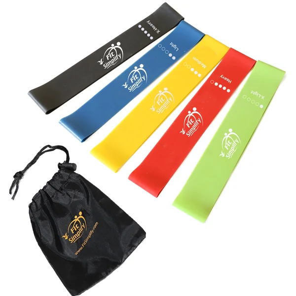 Fit Simplify Resistance Loop Exercise Bands Set of 5 with Instruction Guide, Carry Bag, eBook and Online Workout Videos