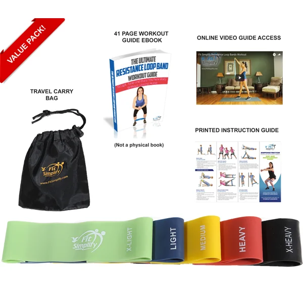 Fit Simplify Resistance Loop Exercise Bands Set of 5 with Instruction Guide, Carry Bag, eBook and Online Workout Videos
