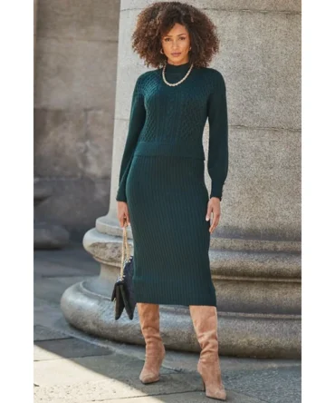 Forest Green Two Part Cable Knit Midi Dress