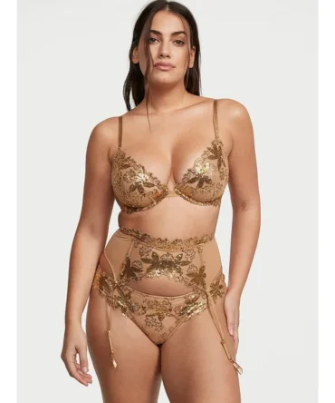 Gold Sequined Ziggy Glam Floral Embroidery Garter Belt