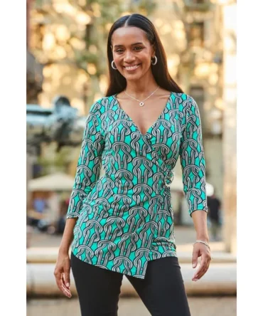 Green Chain Print Buckle Detail Longline Jersey Wrap Top