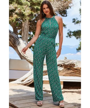 Green Chain Print Halter Neck Jumpsuit With Pockets