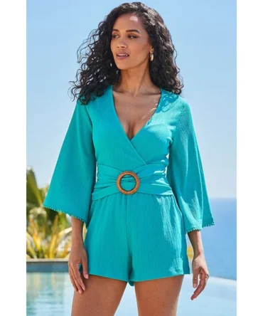 Green Crinkle Flared Sleeve Jersey Playsuit
