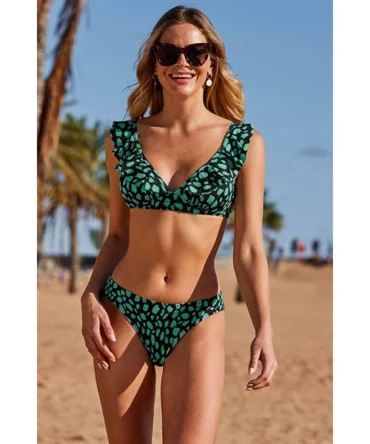 Green Fleck Print Ruffle Detail Bikini Top