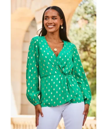 Green Metallic Fleck Print Blouson Sleeve Knot Front Top