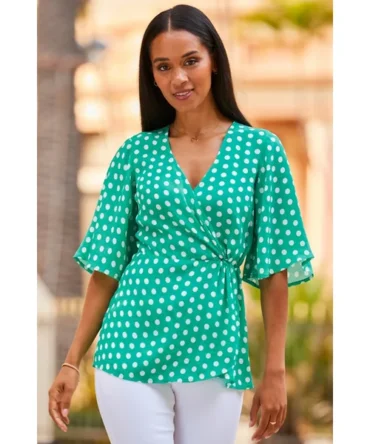 Green & White Spot Print Wrap Front Top