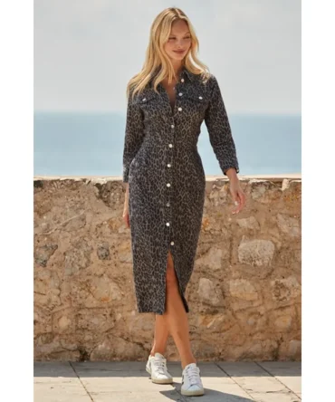 Grey Leopard Print Denim Shirt Dress With Pockets