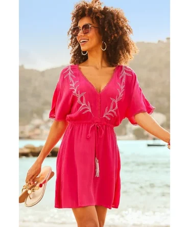 Hot Pink & Silver Embroidered Detail Kaftan