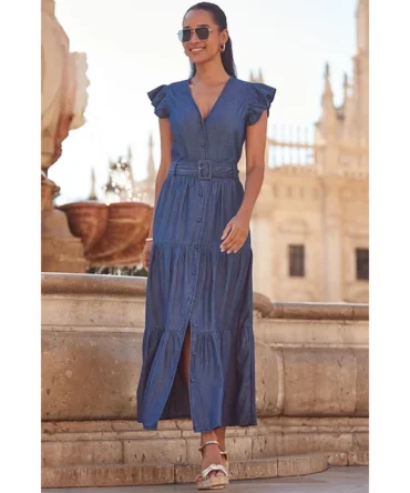 Indigo Blue Ruffle Sleeve Tiered Hem Midi Dress
