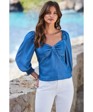 Indigo Blue Twist Front Denim Top