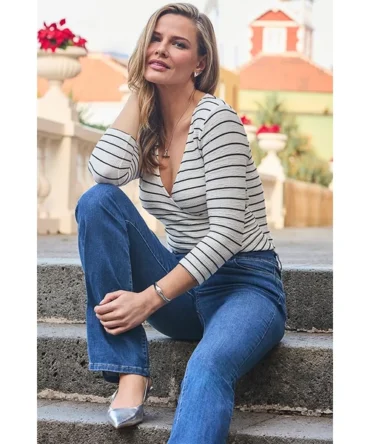 Ivory & Black Stripe Faux Wrap Top