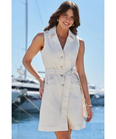 Ivory Button Front Belted Denim Dress